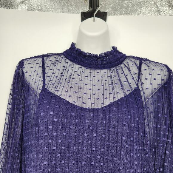 NWT Express Purple Sheer Dot Mock Neck Smocked Cuff 2Pc Blouse Set Women's XL - Picture 8 of 11